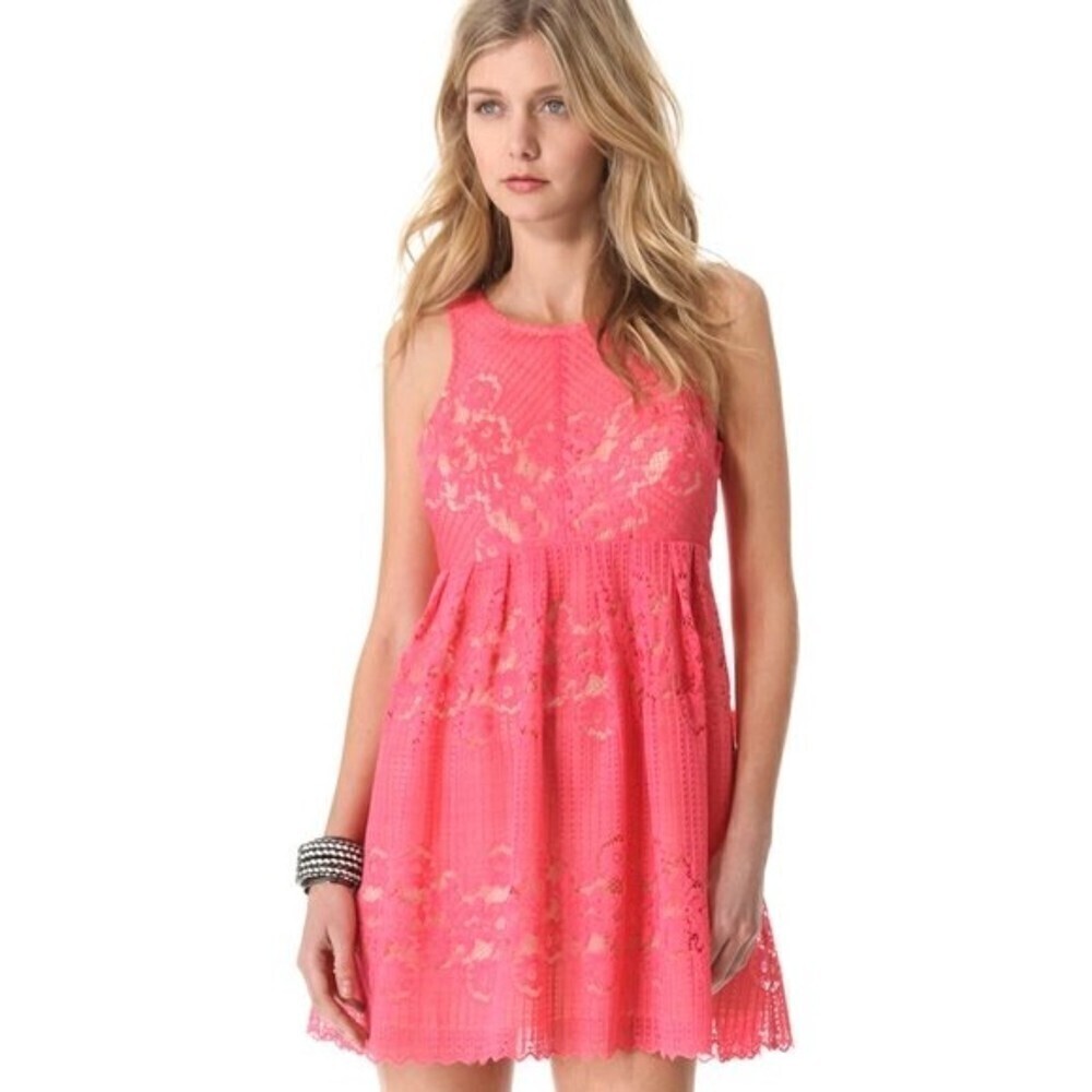 FREE PEOPLE Rocco Lace Babydoll Mini Fit and Flare Dress in Pink Cherry Womens 6